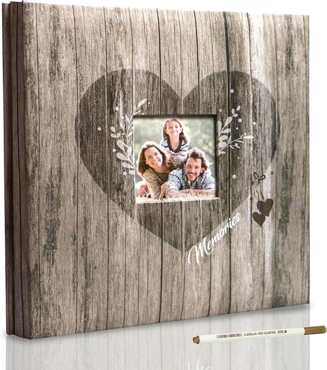 Self Adhesive Page Scrapbook Photo Album with Metallic Pen for 3x5 4x6 5x7 6x8 8x10 Hand Made DIY 40 pages Albums, Printed Kraft Paper Cover Memory Book (Wood Grain with Window)